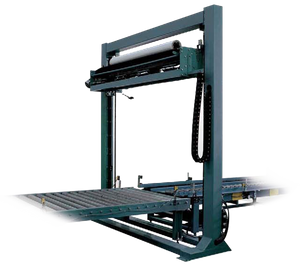 Machine d'emballage étirable automatique en ligne pour palettes avec distributeur et convoyeur de feuilles supérieures